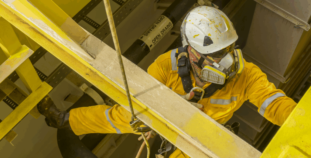 A construction worker wearing a yellow protective suit, helmet, and respirator climbs through yellow metal beams.